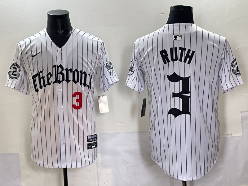 Men 2025 New York Yankees #3 Ruth White Stripe Five generations Joint Name Nike MLB Jersey style 02